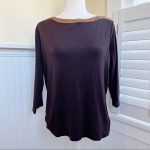 Lauren Ralph Lauren Brown Faux Suede Trim 3/4 Sleeve Cotton Top Size XL